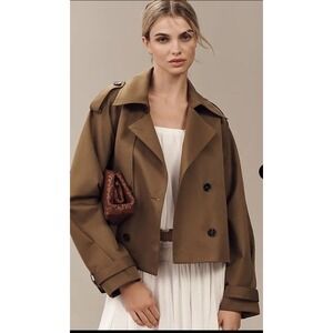 Anthropologie Trench Jacket Women's Size Large Cropped Coat Moss Khaki Boxy